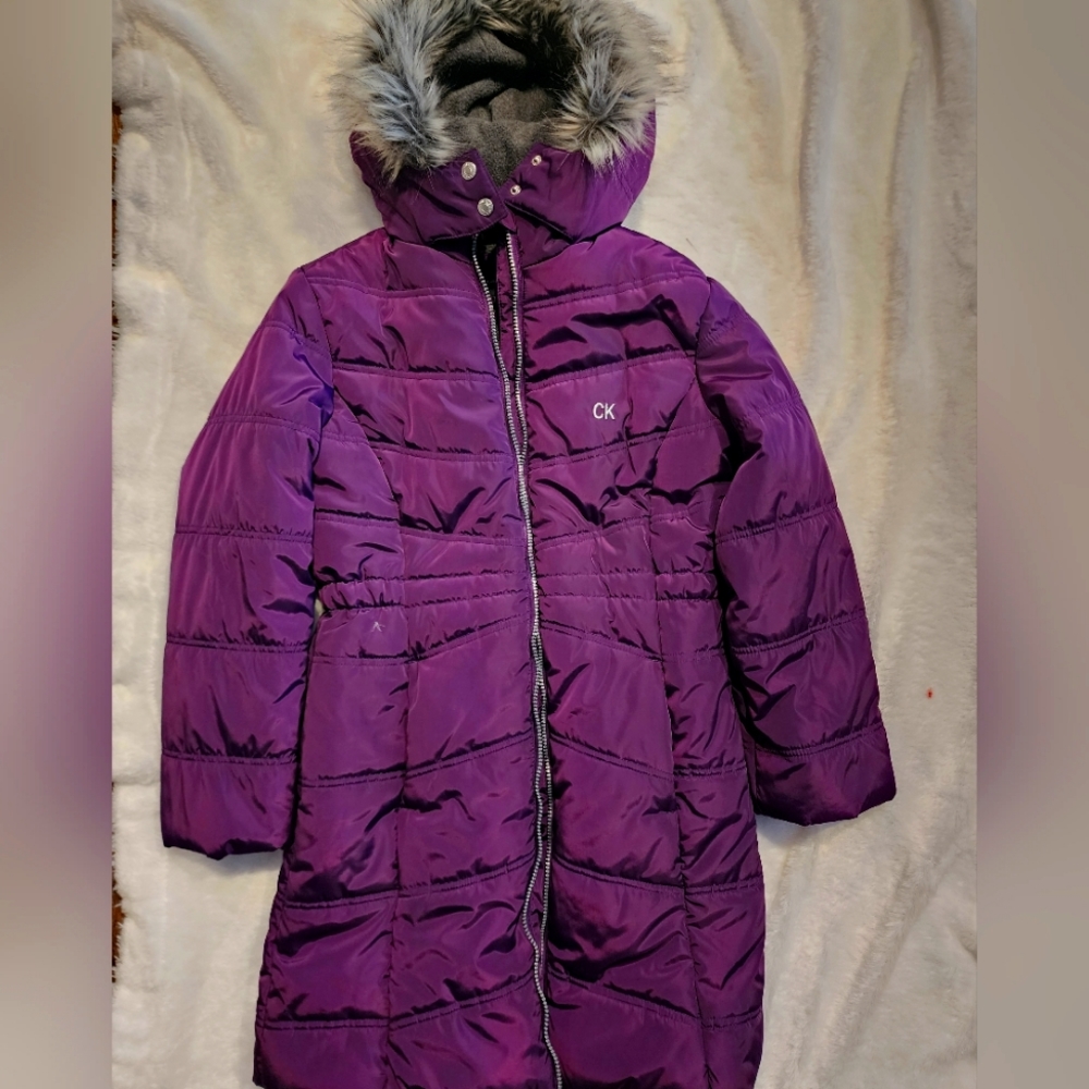 Calvin Klein Jeans purple woman's puffer jacket with hood